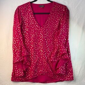 Vince Camuto Fuchsia V-Neck Blouse with Gold Dot Accents